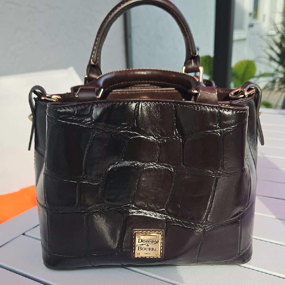 Dooney & Bourke Croc-Embossed Dark Brown Leather Satchel with Gold Plaque